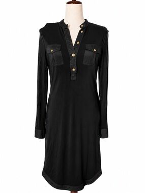 Tory Burch midi black dress w logo gold buttons. Long sleeve, Quiet Luxury. S